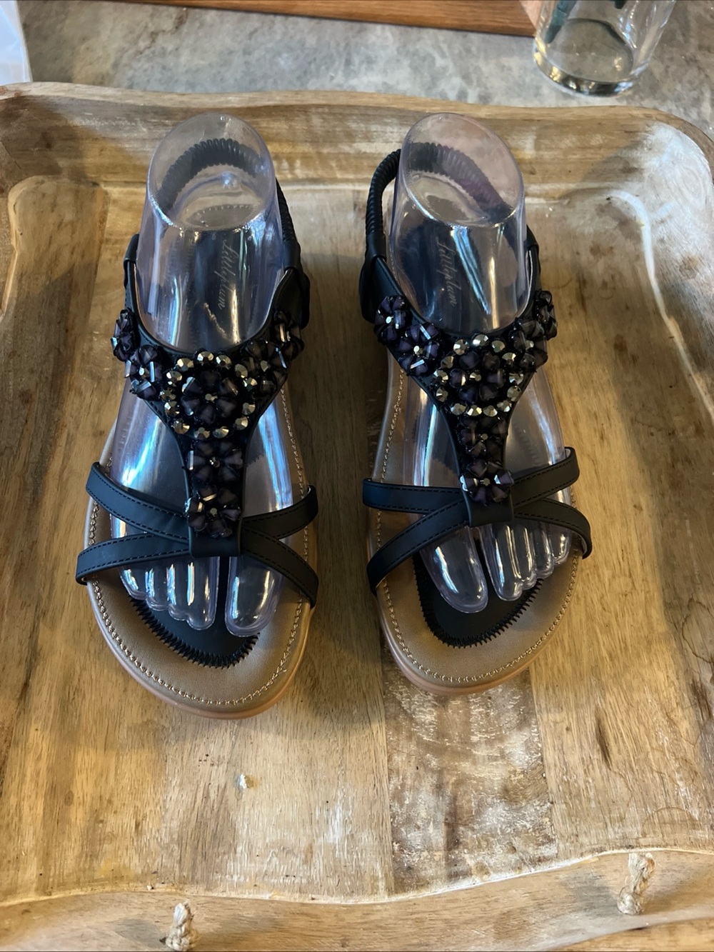 Beaded Black T-Strap Women's Sandals